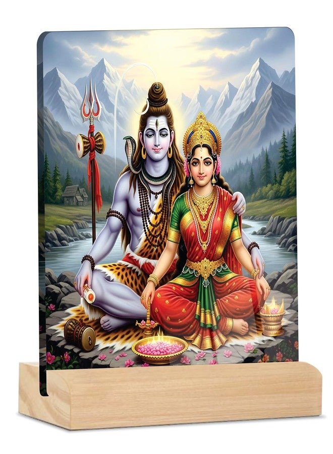 Giftplease Divine Lord Shiva & Goddess Parvati Plaque with Wooden Stand | Religious Photo Frame for Home Temple, Pooja Room, Office & Spiritual Gift for Housewarming, Wedding & Festivals GD_20 - Image 1